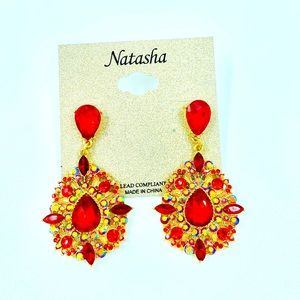 NWT Natasha Rhinestone Fashion Earrings Red & Gold